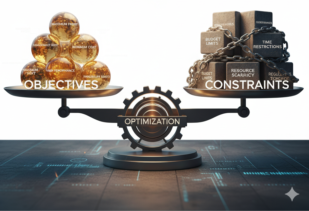 Balance scale representing the concept of optimization - finding equilibrium between objectives and constraints